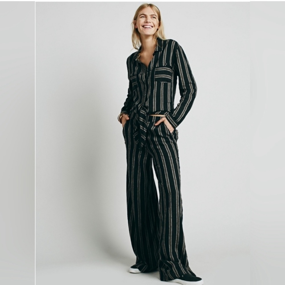 Free People Gray Brown Striped Sensual Wrapped Jumpsuit